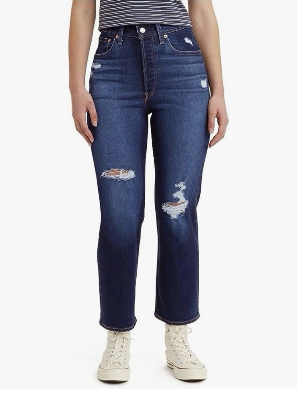 Levi's Ribcage Straight Ankle Jeans Women's 25 Dark Blue Distressed Cropped